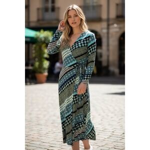London Times Geometric Print Wrap Maxi Dress Long Sleeve Women Size 4 Teal Blue‎